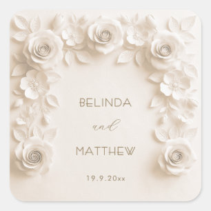 Elfenbein 3D Florale Rosen Hochzeit Quadratischer Aufkleber