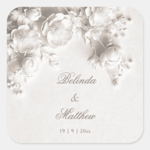 Elfenbein 3D Florale Rosen Hochzeit Quadratischer Aufkleber