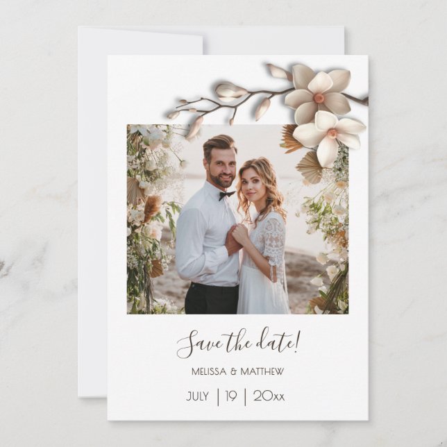 Elfenbein 3D Magnolienblüte Save The Date (Vorderseite)