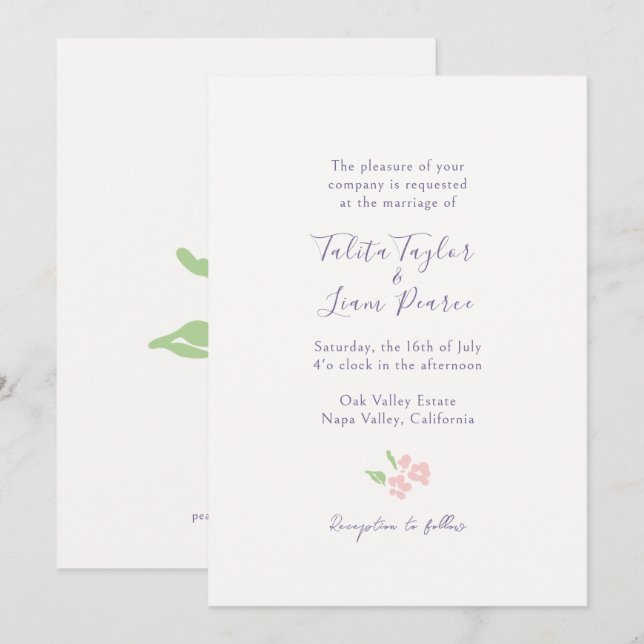 Elfenbein | Aquarell-Blumen-Script-Hochzeit  Einladung (Vorne/Hinten)