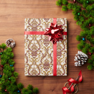 Elfenbein-Barockornament mit Gold und Burgund Geschenkpapier