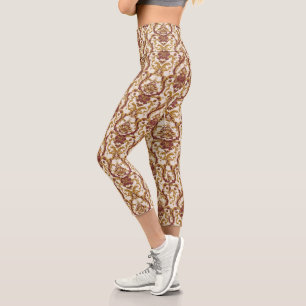 Elfenbein-Barockornament mit Gold und Burgunderrot Capri Leggings