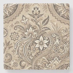 Elfenbein Beige Boho Floral Indonesien Batik Wasse Steinuntersetzer