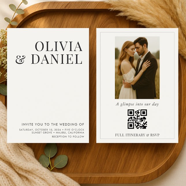 Elfenbein-Beige-Minimalist-Foto-QR-Code-Hochzeit Einladung (Von Creator hochgeladen)