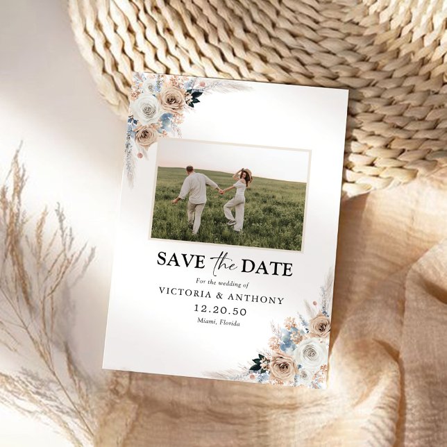 Elfenbein & Blue Boho Floral Save the Date mit Fot (Von Creator hochgeladen)