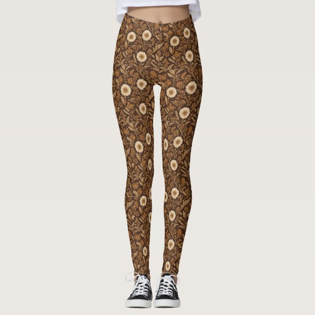 Elfenbein-Blume und braune Blätter Leggings (Vorderseite)