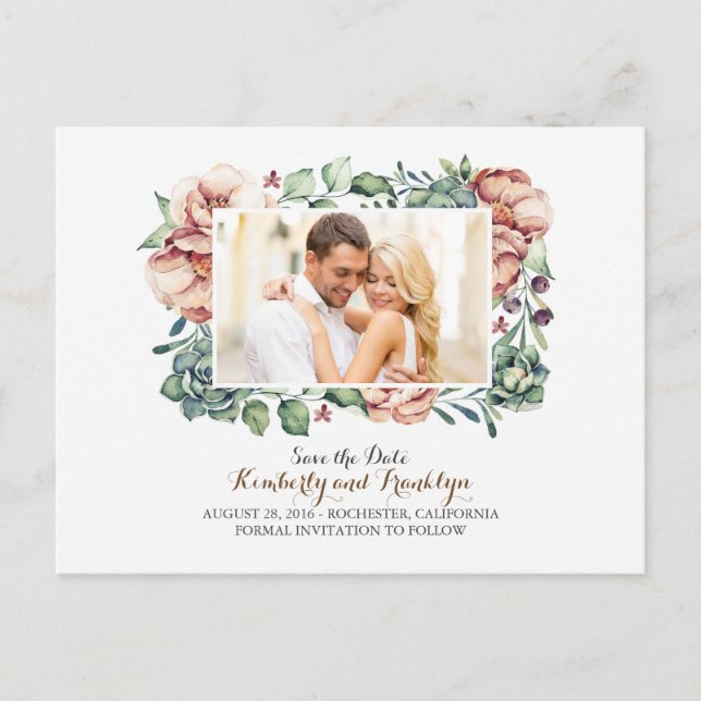 Elfenbein-Blume und Sukkulenten Foto Save the Date Ankündigungspostkarte (Vorderseite)