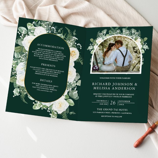 Elfenbein Blumen Foto Smaragdgrün QR-Code Hochzeit Einladung (Von Creator hochgeladen)