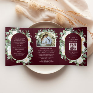 Elfenbein Blumen Hochzeit Burgunder QR Code Dreifach Gefaltete Einladung
