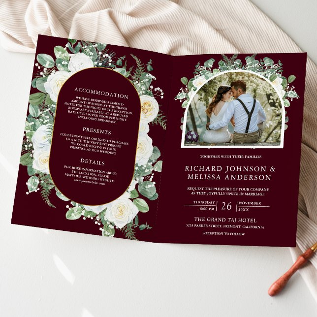 Elfenbein Blumen Hochzeit Burgunder QR Code Einladung (Von Creator hochgeladen)