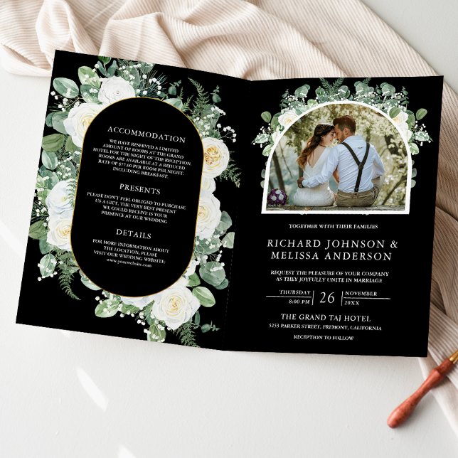 Elfenbein Blumen Hochzeit Schwarz QR Code Einladung (Von Creator hochgeladen)