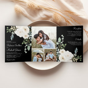 Elfenbein Blumen Schwarz Foto Collage Hochzeit Dreifach Gefaltete Einladung