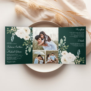 Elfenbein Blumen Smaragdgrün Foto Collage Hochzeit Dreifach Gefaltete Einladung