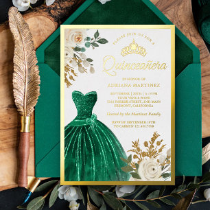 Elfenbein Blumen Smaragdgrün Kleid Quinceanera Gol Folieneinladung
