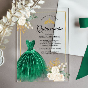 Elfenbein Blumen Smaragdgrünes Kleid Gold Quincean Acryleinladungen