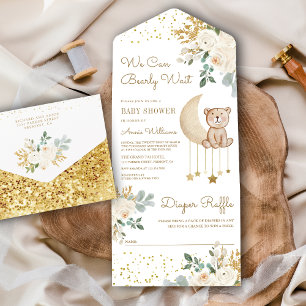 Elfenbein Blumenmond Süßer Teddybär Baby Shower All In One Einladung