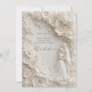 🤍 Elfenbein-Blumenrand Braut Bräutigam Hochzeitst Einladung