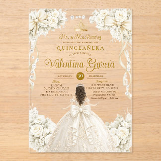 Elfenbein-Bogen-Blumen-Quinceañera-Sweet-16-Geburt Acryleinladungen