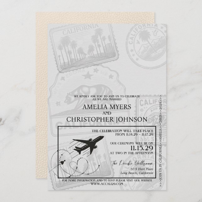Elfenbein California Passport Wedding Einladung (Vorne/Hinten)