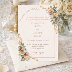 Elfenbein Champagner Blumen Band Roségold Hochzeit Folieneinladung