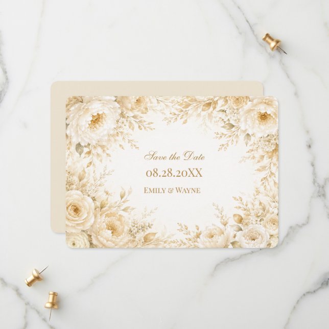 Elfenbein Champagner Perlen Blumen Hochzeit Save The Date (Vorderseite/Rückseite Beispiel)
