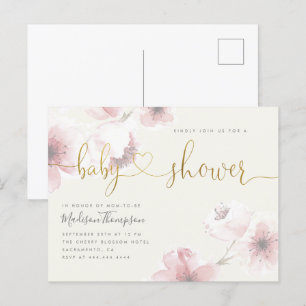 Elfenbein   Cherry Blossom Gold Floral Baby Dusche Einladungspostkarte