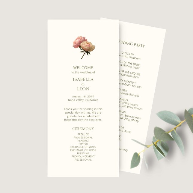 Elfenbein | Chic Floral Rosene Hochzeitsprogramm Menükarte (Von Creator hochgeladen)