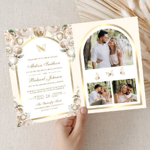 Elfenbein Creme Florale Goldene Bogen Schmetterlin Einladung