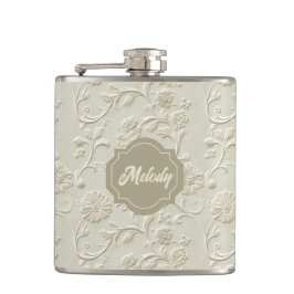 Elfenbein Embossed Floral Vinyl Wrapped Flask Flachmann