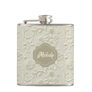 Elfenbein Embossed Floral Vinyl Wrapped Flask Flachmann