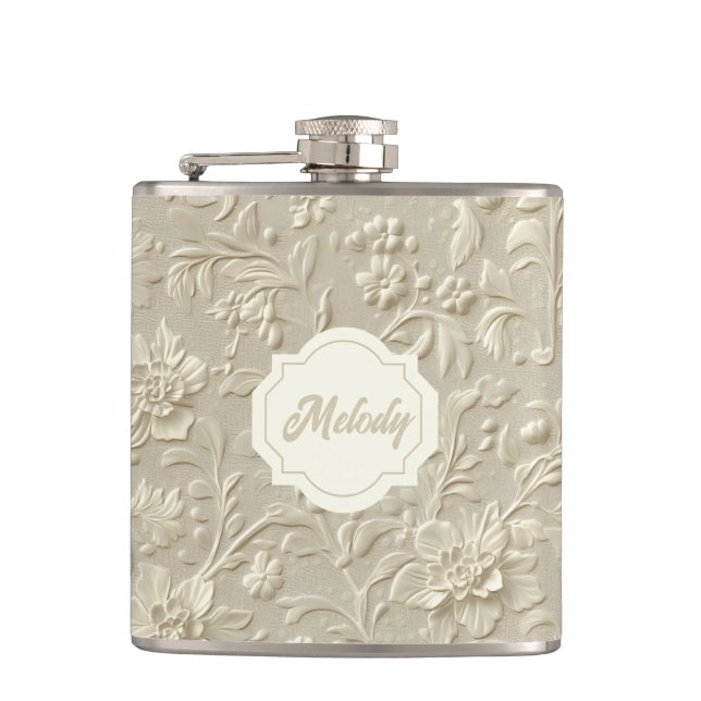 Elfenbein Embossed Floral Vinyl Wrapped Flask Flachmann (Vorderseite)