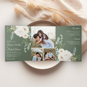 Elfenbein Floral Sage Grün Foto Collage Hochzeit Dreifach Gefaltete Einladung