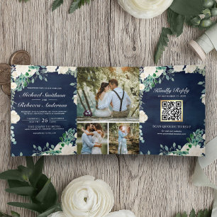 Elfenbein Floral Salbei Grün Navy Blau QR Code Hoc Dreifach Gefaltete Einladung