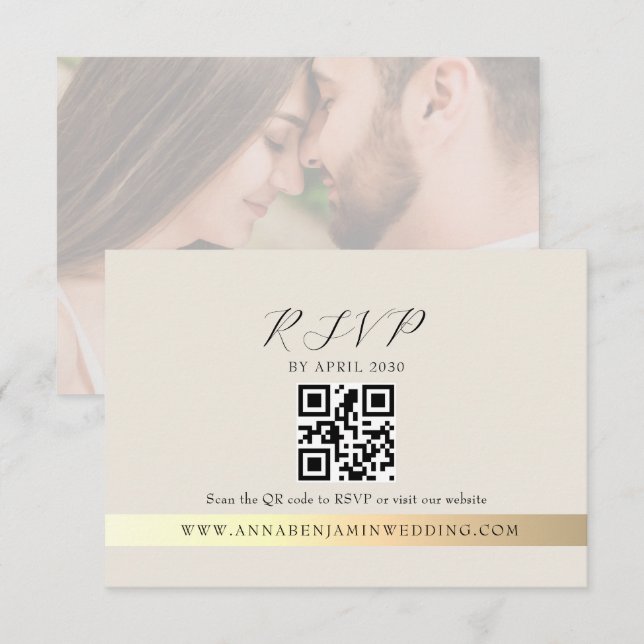 Elfenbein-Foto-QR-Code-Hochzeit RSVP Karte (Vorne/Hinten)