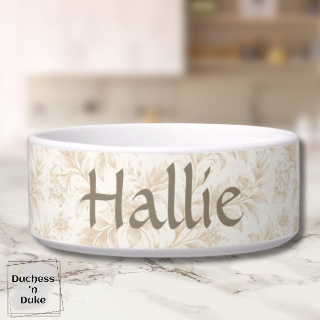Elfenbein-Garten-Blumenmuster-Design Hund  Napf (Personalized Dog Bowl with ivory botanical design displayed on marble counter top)