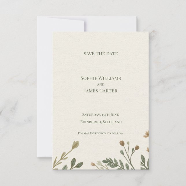 Elfenbein getrocknete botanische Zweig Minimal-Hoc Save The Date (Vorderseite)