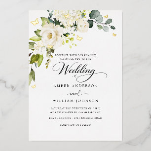 Elfenbein-Gold-Blumen-Schmetterling-Hochzeit Folieneinladung