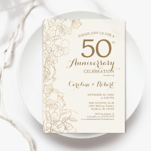 Elfenbein-Gold-Blumen zum 50. Jubiläum Einladung