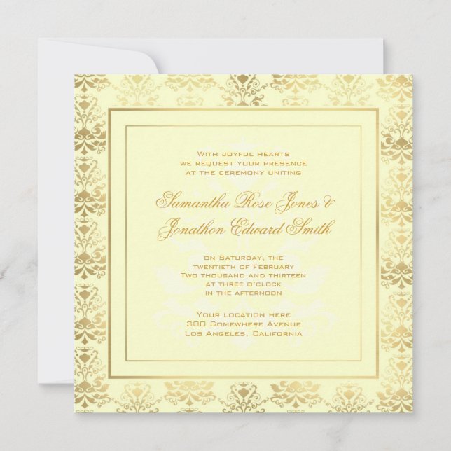 Elfenbein & Gold Damask Foto Einladung Hochzeit (Vorderseite)