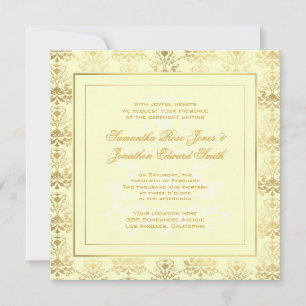 Elfenbein & Gold Damask Foto Einladung Hochzeit