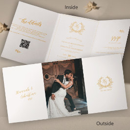 Elfenbein-Gold-Monogramm-Foto-QR | RSVP | Details Dreifach Gefaltete Karte
