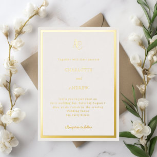 Elfenbein goldene moderne Monogramm Luxus Hochzeit Folieneinladung