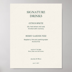 Elfenbein-grüne Hochzeitsbar-Menü-Signatur-Drinks- Poster