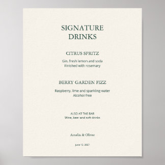 Elfenbein-grüne Hochzeitsbar-Menü-Signatur-Drinks- Poster
