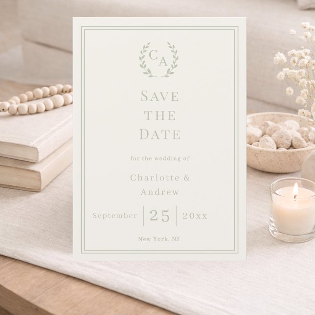 Elfenbein-grüne Monogramm-Kranz-Hochzeit Save The Date (Von Creator hochgeladen)