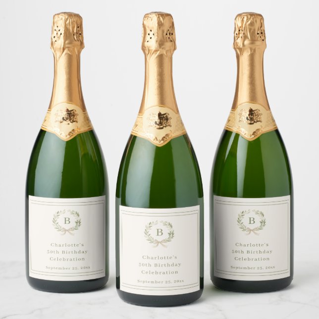 Elfenbein-grüner Monogramm-Kranz Geburtstag (Flaschen)