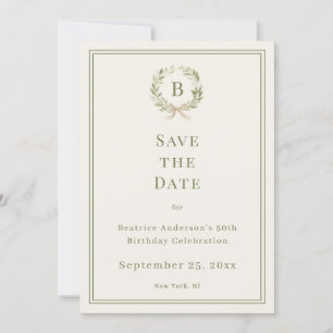Elfenbein-grüner Monogramm-Kranz Geburtstags-Einla Save The Date
