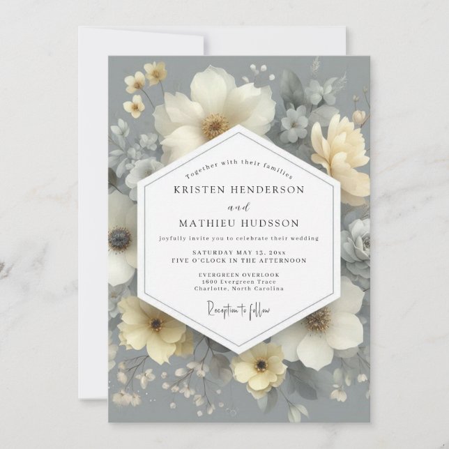 Elfenbein-Hochzeit mit floraler Romantik Einladung (Vorderseite)