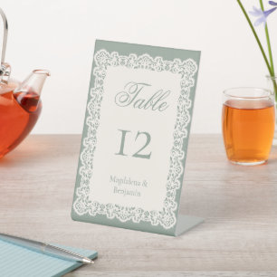 Elfenbein-Lace-Sage-Grün-Vintage-Hochzeitstisch-Nu Sockelschild