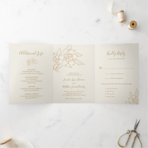 Elfenbein-Linienkunst Florale Elegante Hochzeit Dreifach Gefaltete Einladung